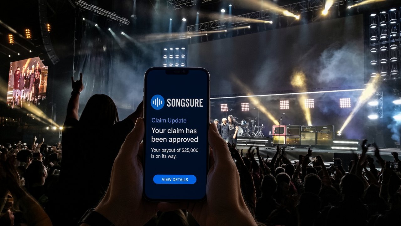 A fan at a packed concert holds up a phone showing a SongSure notification: Your claim has been approved, your payout of $25,000 is on its way