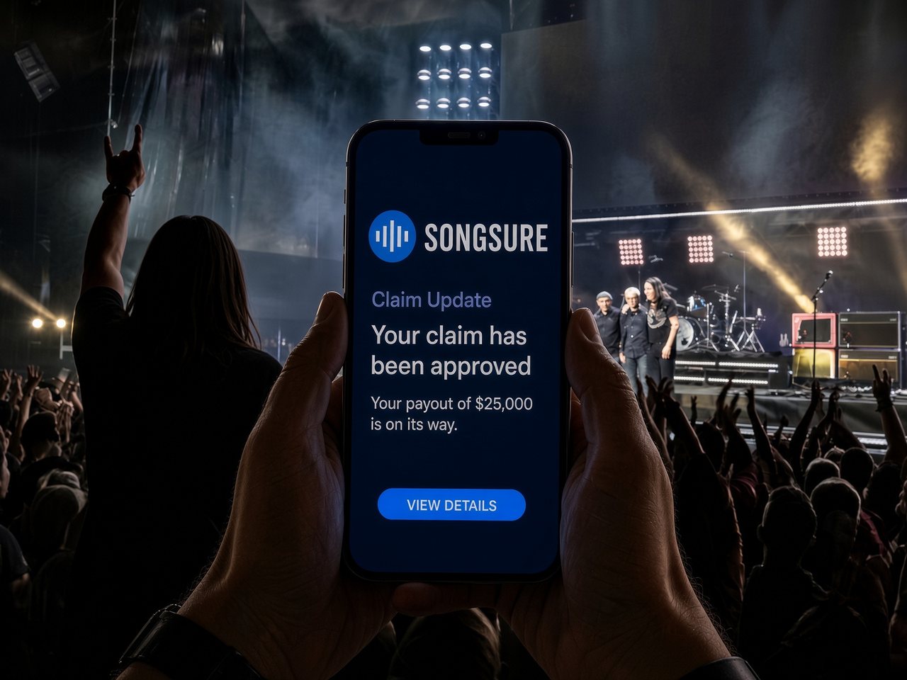 A fan at a concert holds up a phone showing a SongSure notification: Your claim has been approved, your payout of $25,000 is on its way