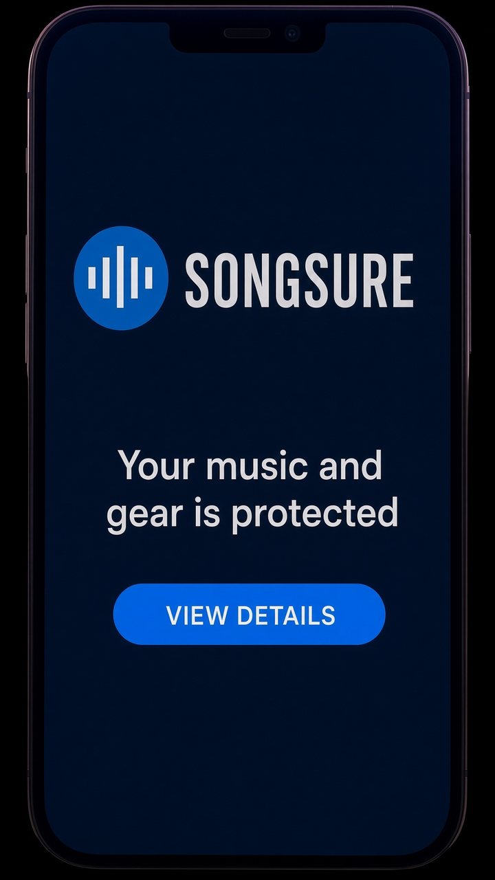 Phone showing the SongSure app with the message Your music and gear is protected and a View details button